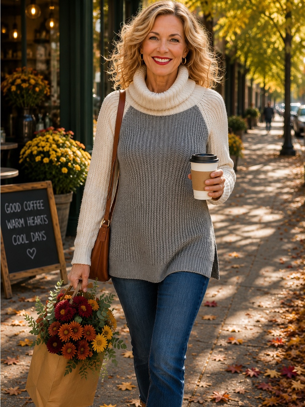 Staccato L Gray Cream Color Block Cowl Neck Chunky Knit Sweater Tunic